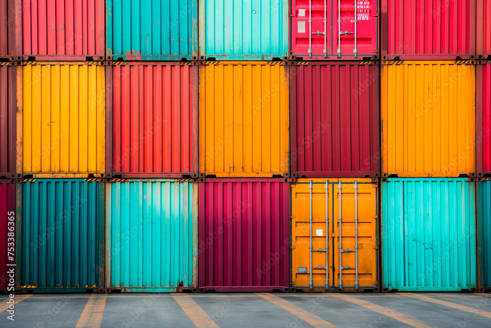 Fototapeta premium Stacked cargo containers in the storage area of freight sea port terminal, concept of export-import and national delivery of goods.