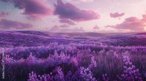 Sunset over a dreamy lavender field with purple hues