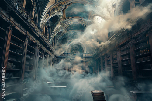 A fog-filled vintage library with ethereal ambiance