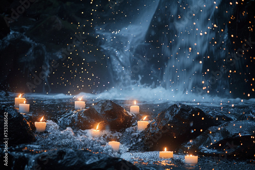 Candlelight mingling with waterfall spray photo