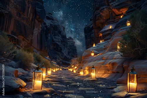 Pathway with lanterns through canyon under stars.