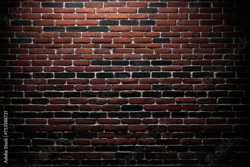 Red brick wall contrasting with stark black backdrop, rich texture evident, depth-enhancing shadows, character-filled surface, stark contrast, dramatic lighting, ultra clear, high-resolution photo