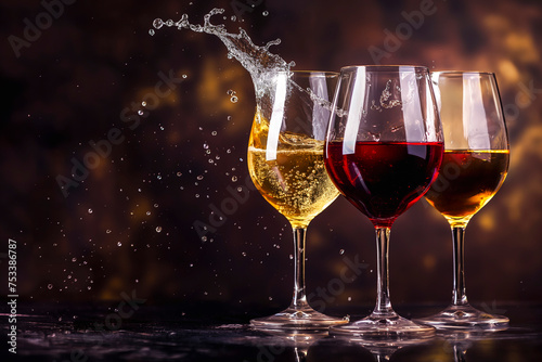 Three glasses of red and white wine with splash reflect one another on dark background, wine splash photo