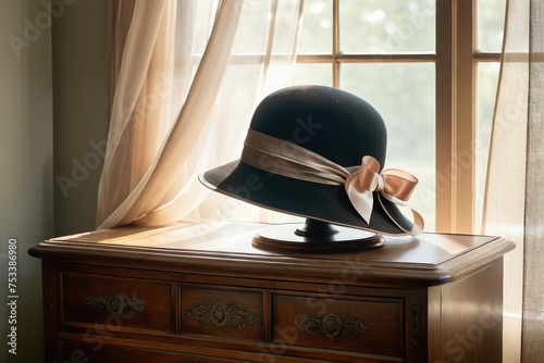 Vintage hat, 1920s style, cloche with a silk ribbon, resting on an antique wooden dresser, near an open window with sheer curtains billowing gently, soft backlighting, natural light