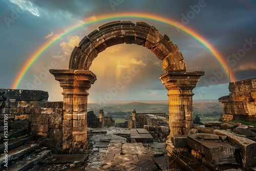 Rainbow framing the remnants of ancient ruins photo