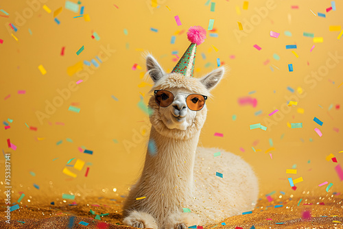 Alpaca with party hat and sunglasses on gold background with confetti, carnival or other festive celebration. Generative ai. A001