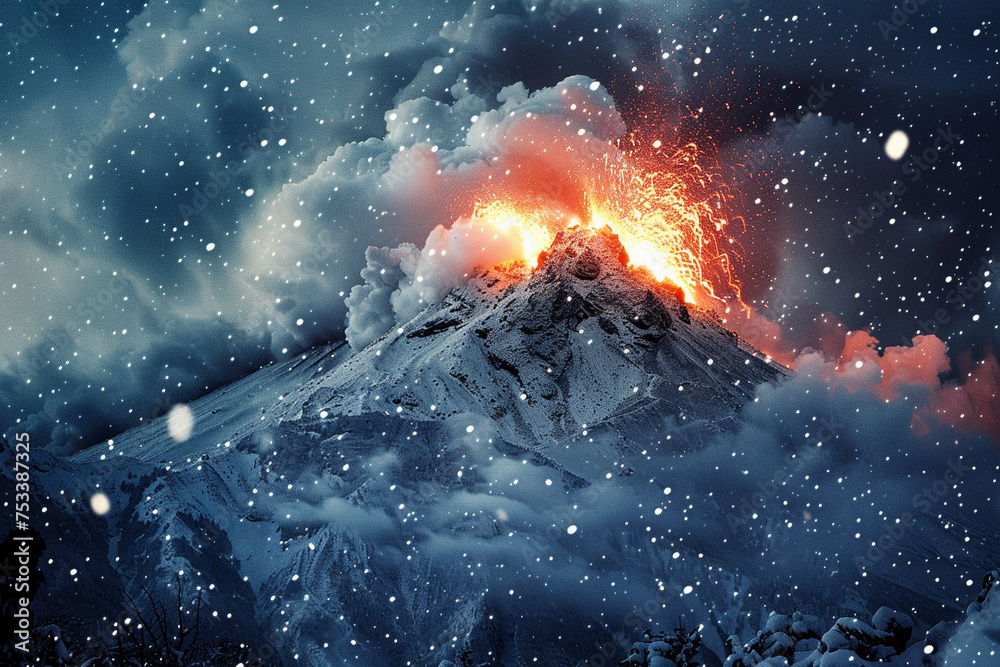 Volcano erupting amidst a snowfall - obrazy, fototapety, plakaty 