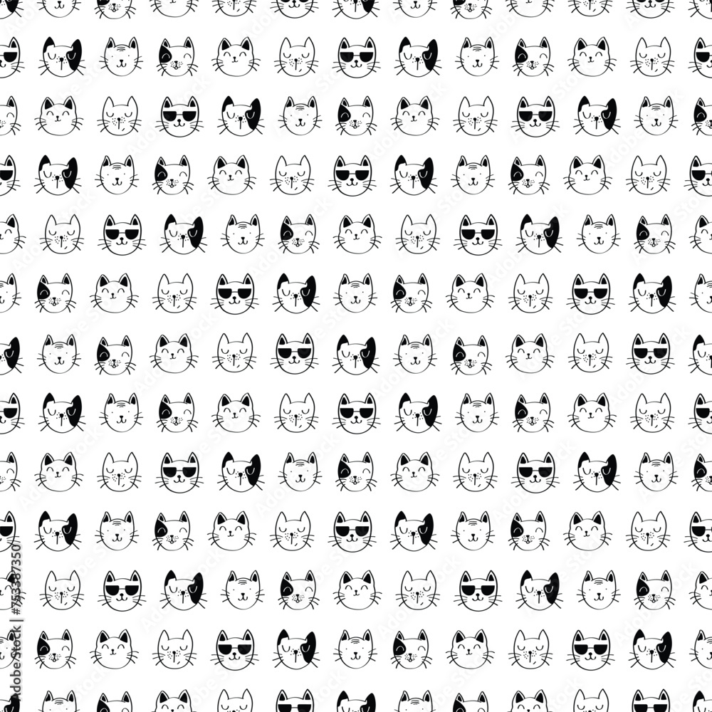 Hand Drawn Seamless Pattern Cat Face