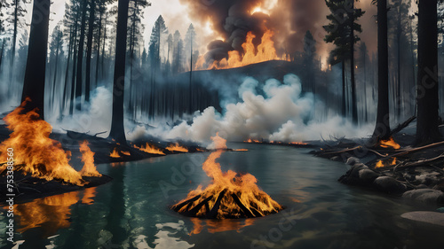 Forest Blaze: A fiery inferno rages amidst the tranquil wilderness, threatening the serene beauty of nature with its blazing flames and billowing smoke
