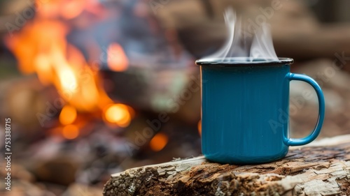 A steaming cup of coffee rests on a log beside an open campfire.