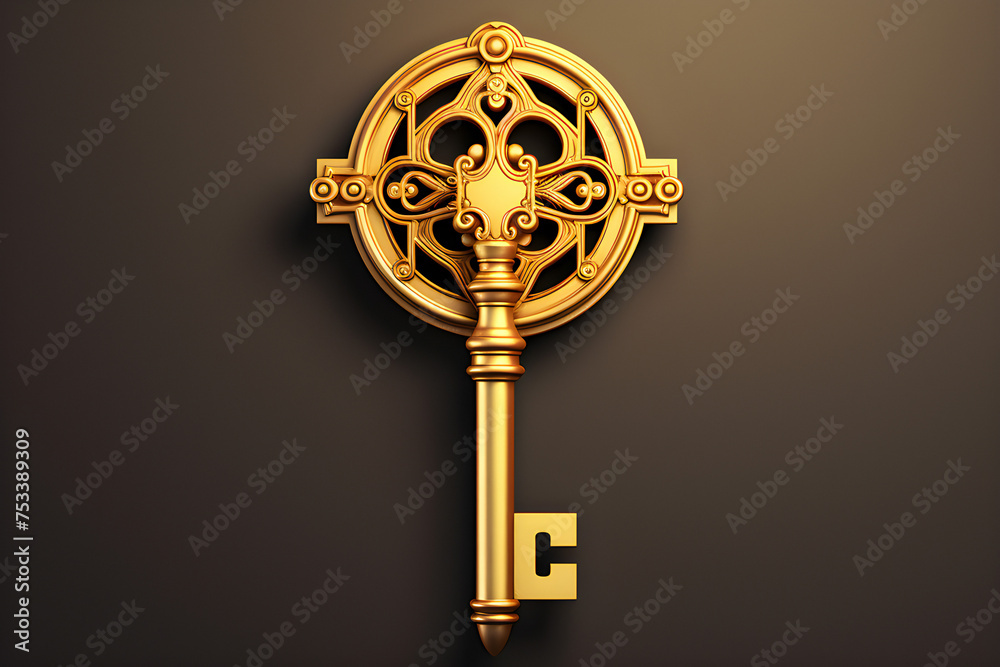 Obraz premium Vintage Gold Skeleton Key Isolated on black Background, generated by AI. 3D illustration