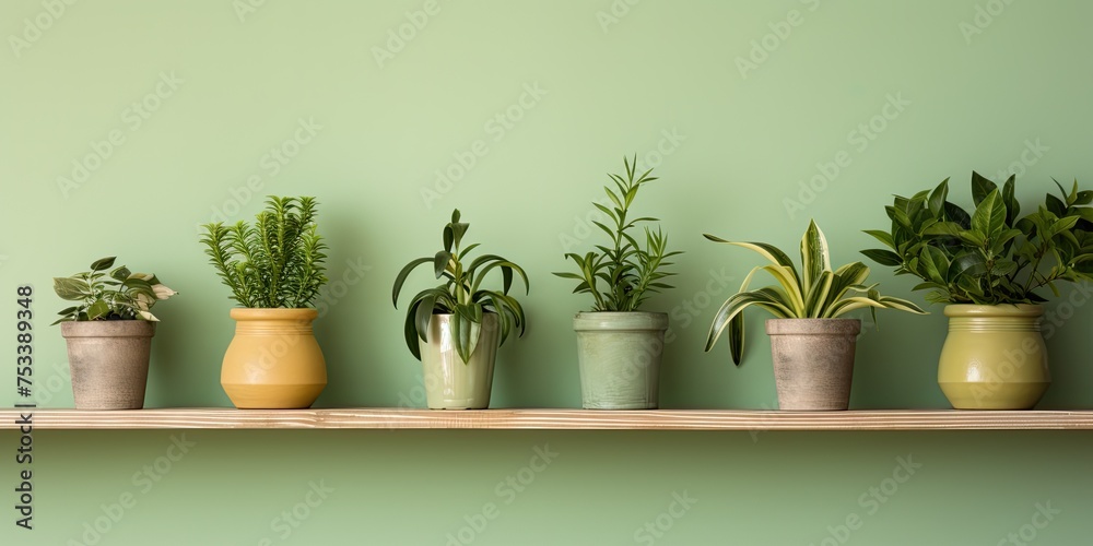 Nature-inspired sustainable lifestyle concept with unaltered green potted plants on wooden shelves at home, offering copy space.