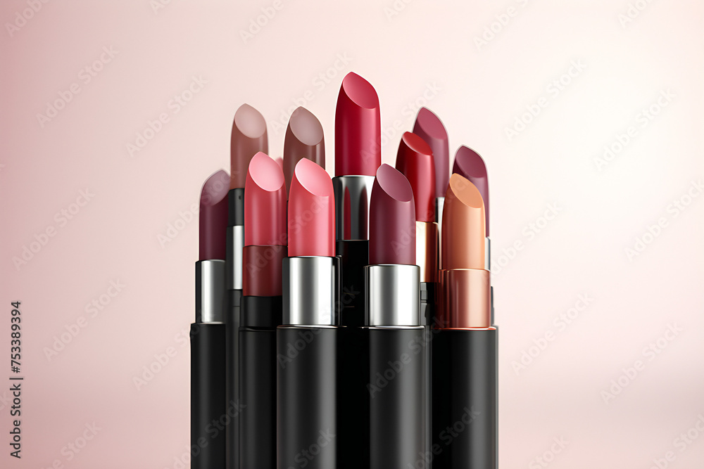 Obraz premium 3D illustration, Luxury red, beige and pink lipsticks on light background. Cosmetic branding, glamour lip gloss and shopping sale concept , generated by AI. 3D illustration