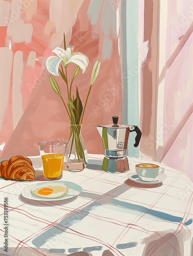 Cafe breakfast scene with coffee and croissant. Acrylic painting illustration. french breakfast