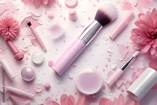 Tender pink monochrome feminine makeup tools and accessories, generated by AI. 3D illustration