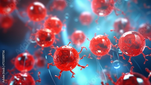 Nano bots, red blood cells, virus cells infection, medical nano technology illustration. 3D nanobots, virus, human blood microscopic view. Futuristic nanotechnology robots medicine science background