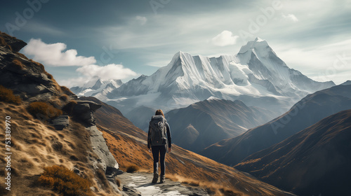 Successful people person backpacker hiking. backpacker hiking in summer high altitude mountains. people walks in mountains at sunset with backpacks.