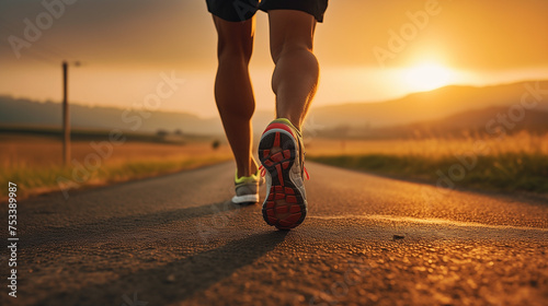 Sports background. Runner feet running on road closeup on shoe. Close up of women's legs running on asphalt road