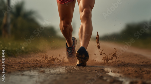 water splashes from under its running shoes men athlete running marathon. Trail running athlete crossing the dirty puddle in the forest photo