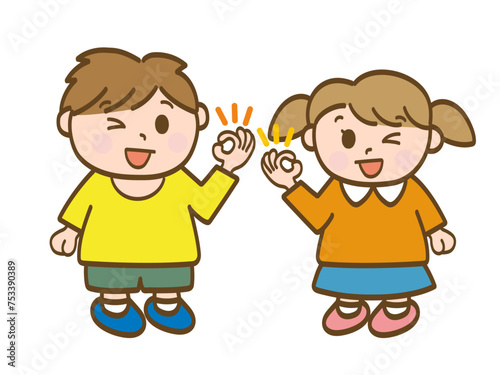 OKサインを出してウインクする男の子と女の子の全身イラスト_小学生低学年_幼児