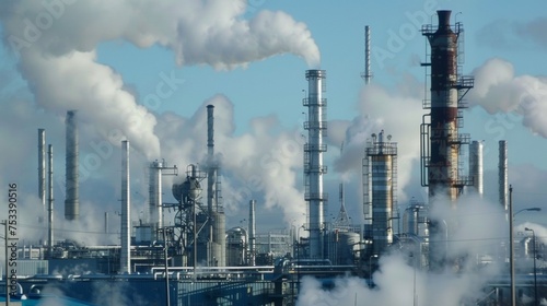 Steam billows from tall stacks as the heat and pressure of the refining process is released.