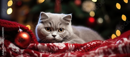 British silver cat resting on a red blanket amidst a Christmas tree in a cozy home setting