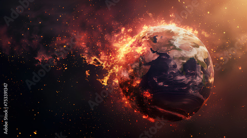 Digital art of Earth surrounded by intense flames and billowing smoke, symbolizing environmental disaster or apocalypse. 