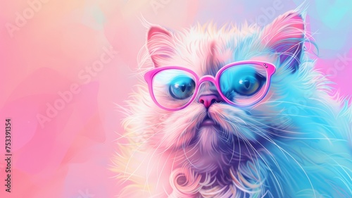 A stylishly designed Persian cat wearing eyeglasses.