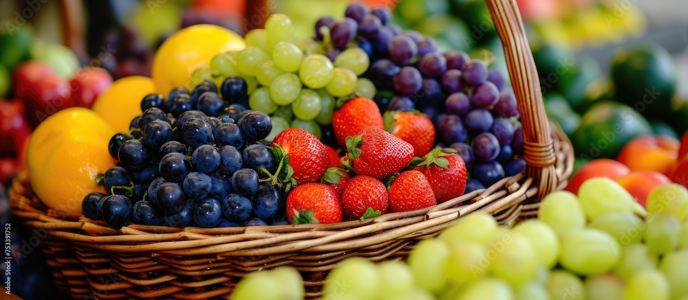 Closeup picture of fruit-filled basket. Closeup picture of fruit-filled basket.