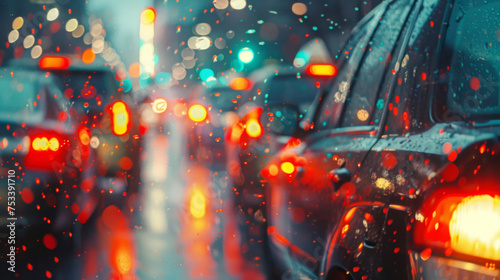 The glow of brake lights and the occasional honk as taxis and cars navigate the congested rainsoaked streets creating a symphony of bustling city life. © Justlight