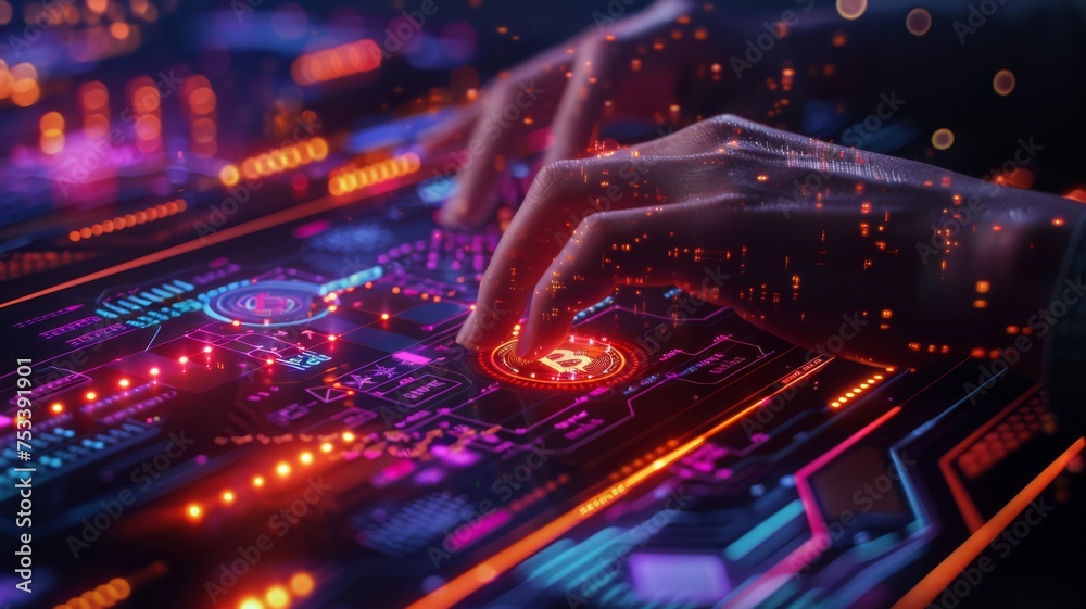 Digital Disco Lights: Circuit Board and Fiber Optics Background with Spots Digital Disco Lights: Circuit Board and Fiber Optics Background with Spots