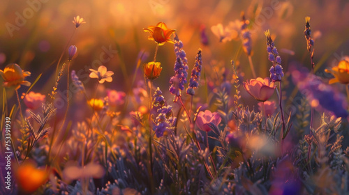 A patch of colorful wildflowers petals glowing as if lit from within by the last rays of the sun stems swaying in the gentle breeze.