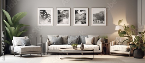 Modern flat interior in gray color with furniture plants and gallery wall template showcasing 8 frames for poster display © LukaszDesign