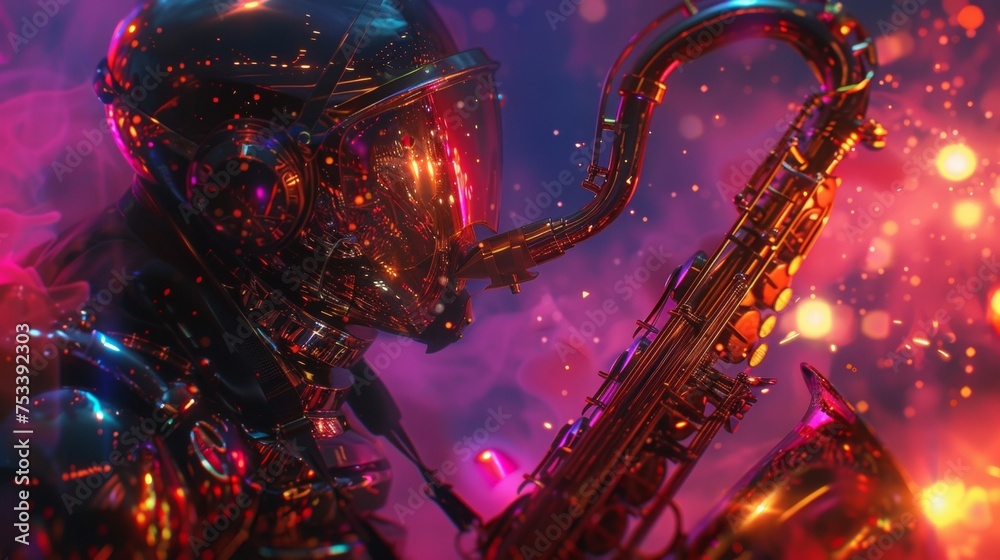 A cybernetic saxophonist their instrument augmented with digital enhancements that create an otherworldly sound. A cybernetic saxophonist their instrument augmented with digital enhancements that create an otherworldly sound.