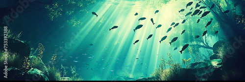 Illustration of a global environmental protection theme with silhouettes of fish seen in beautiful water 
