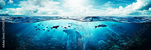 Illustration of a global environmental protection theme with silhouettes of fish seen in beautiful water,.
