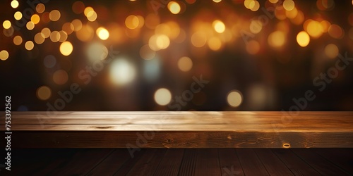 Blurry dark background  cafe restaurant bar with empty light golden bokeh wooden table.