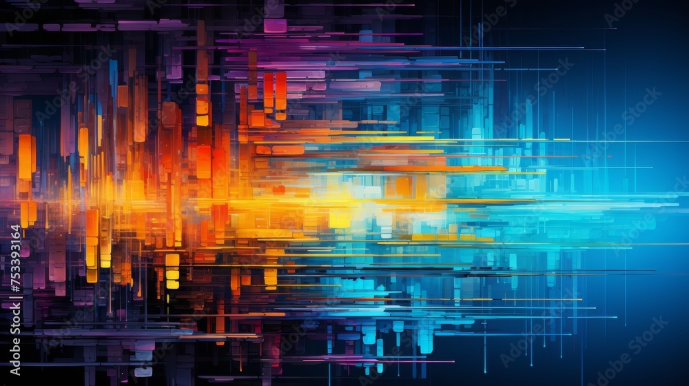Digital glitch art, vibrant abstract with side space for copy
