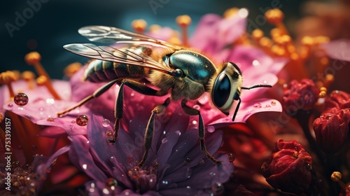 Detailed close-up of insect on a flower, blurred for text
