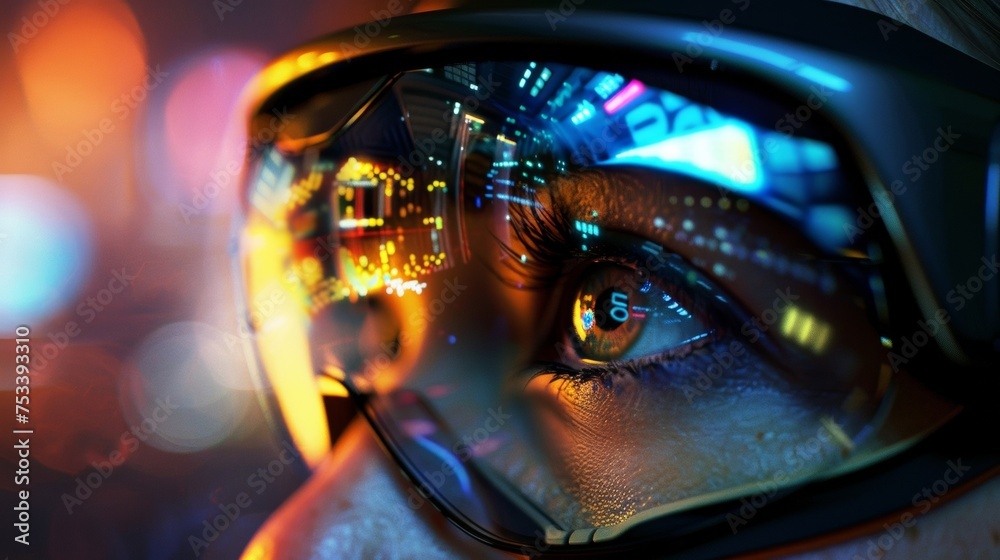 A closeup of a persons eye peeking through a VR headset with a virtual game world reflected in the lens. The mix of virtual and reality creates a sense of excitement and possibility