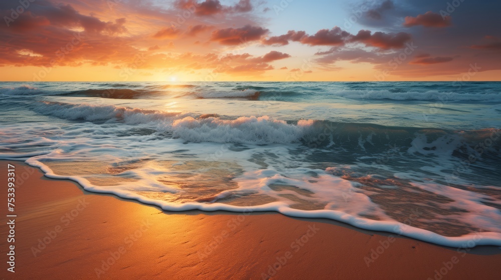 Golden hour on a peaceful beach, calm waves