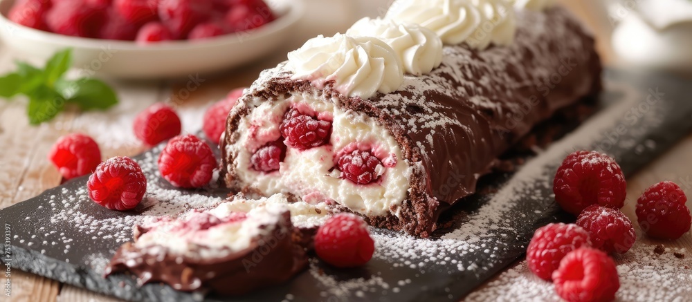 Coconut cream and raspberry filled chocolate roll cake, no baking required.