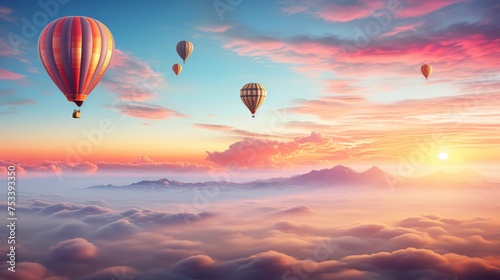 Hot air balloons at sunrise, distant horizon with text space
