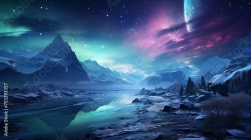 Icy landscape with aurora, magical night sky with copy area © FoxGrafy