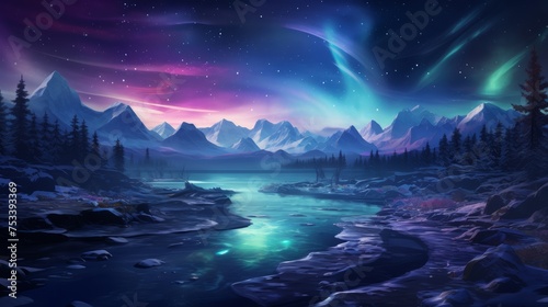 Icy landscape with aurora, magical night sky with copy area
