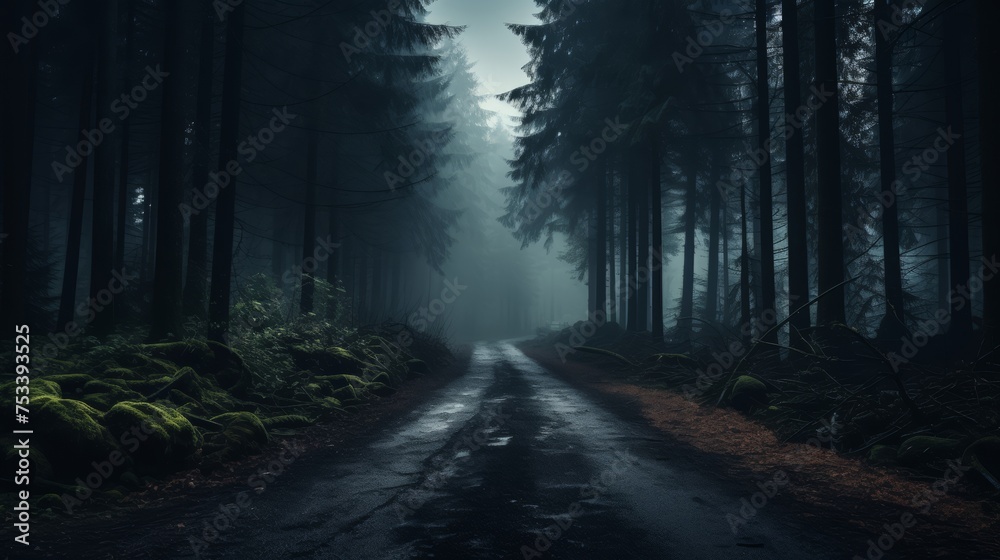 Misty road leading through forest, mysterious with top text area - obrazy, fototapety, plakaty 