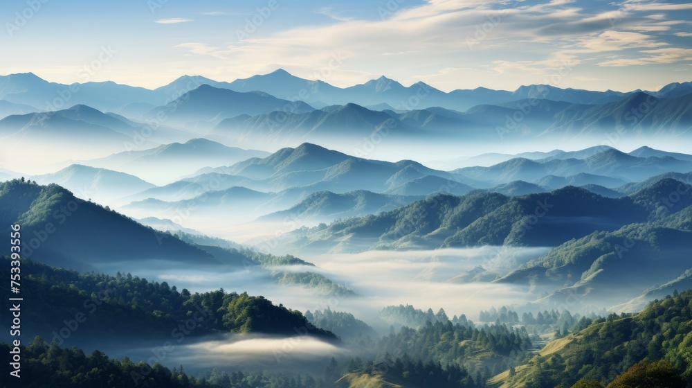 Fototapeta premium Morning mountain mist, ethereal layers with top copy area