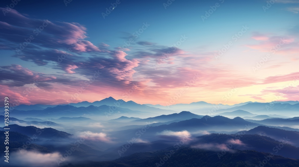 Mountain landscape at dusk, vast sky for text