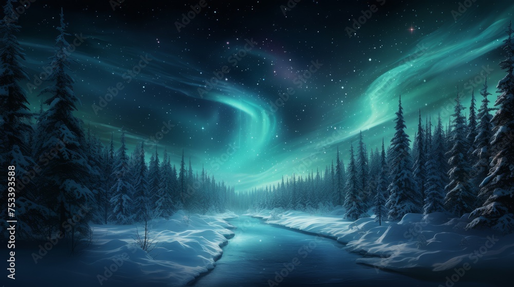 Northern lights over a snowy forest