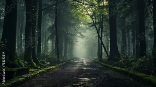 Misty road leading through forest  mysterious with top text area